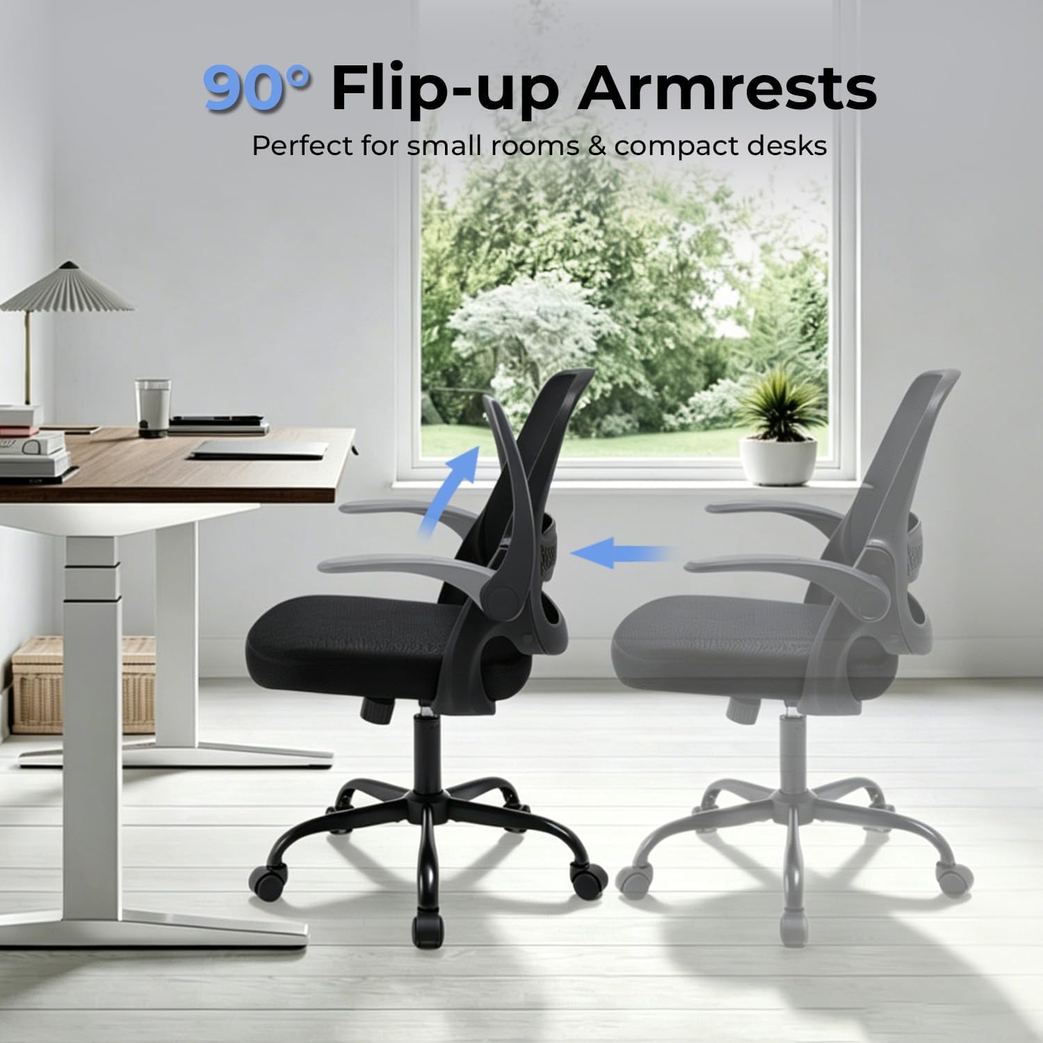 Ergonomic Mesh Office Chair for Home Office, Flip-Up Arms, Breathable Mesh Back & Thick Seat Cushion, Swivel Rolling Computer Desk Chair, BIFMA Certified, Supports 300 lbs (Black Frame/Black Seat) - Image 5