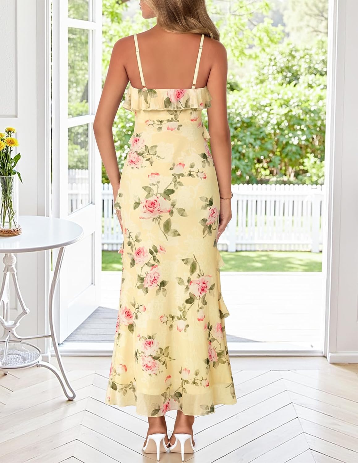 MEROKEETY Summer Floral Wedding Guest Maxi Dress Women 2026 Vacation Formal Bodycon Spaghetti Strap Cocktail Party Long Dress - Image 3