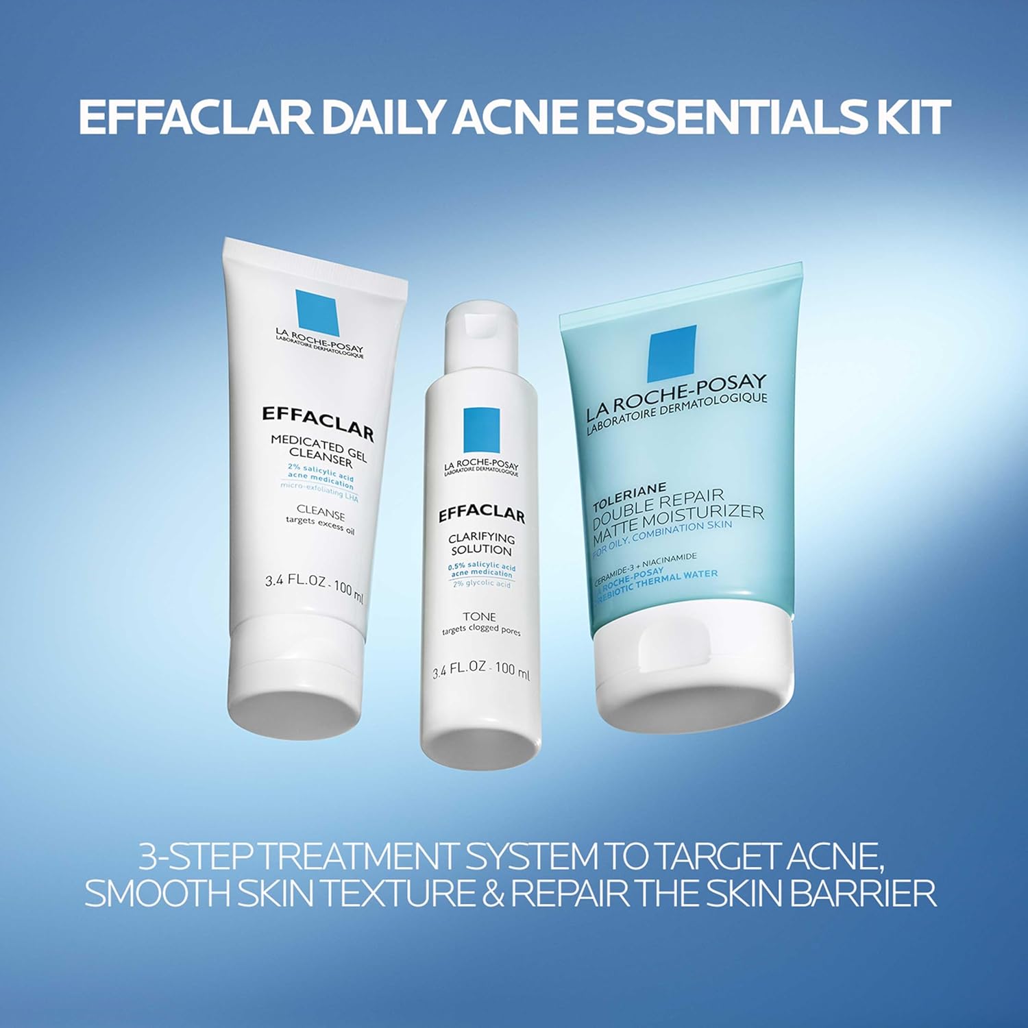 Effaclar Daily Acne Essentials Kit, Acne Treatment System, Salicylic Acid Acne Cleanser, Pore Refining Toner, & Matte Face Moisturizer for Oily Skin & Combination Skin, Oil-Free, 2 Month Supply - Image 3