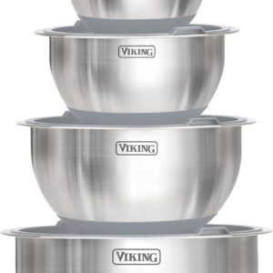 Viking Mixing Bowls Set, 10 Piece Stainless Steel Kitchen Cookware, Non-Slip Silicone Base, Includes Tight Fit Lids, Dishwasher Safe, Grey