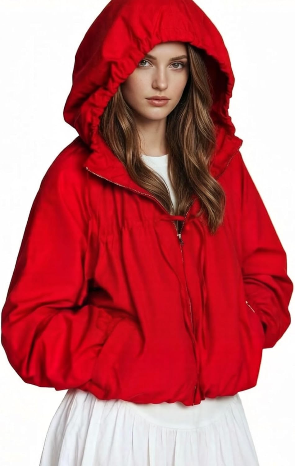 Xunger Women's Gathered Hooded Jacket Casual Loose Fit Bow Detail Coat Drawstring Hem Long Sleeve Outerwear with Pockets - Image 4