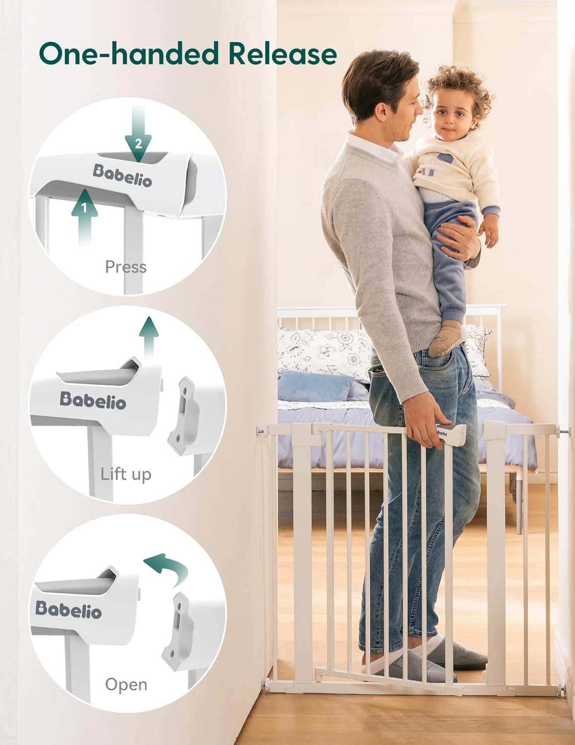 BABELIO Safety Gate Door Fits for Stairs, Narrow and Wide Doorways with Auto Close, Easy Install, No Drilling, Pressure Mounted for Baby, Child, Pets, Dog/Puppy, 26''-40'', White - Image 8