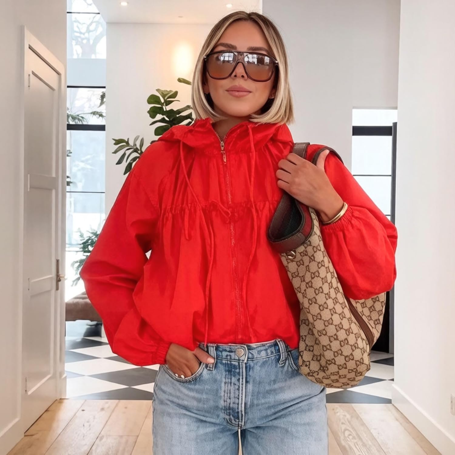 Xunger Women's Gathered Hooded Jacket Casual Loose Fit Bow Detail Coat Drawstring Hem Long Sleeve Outerwear with Pockets - Image 3