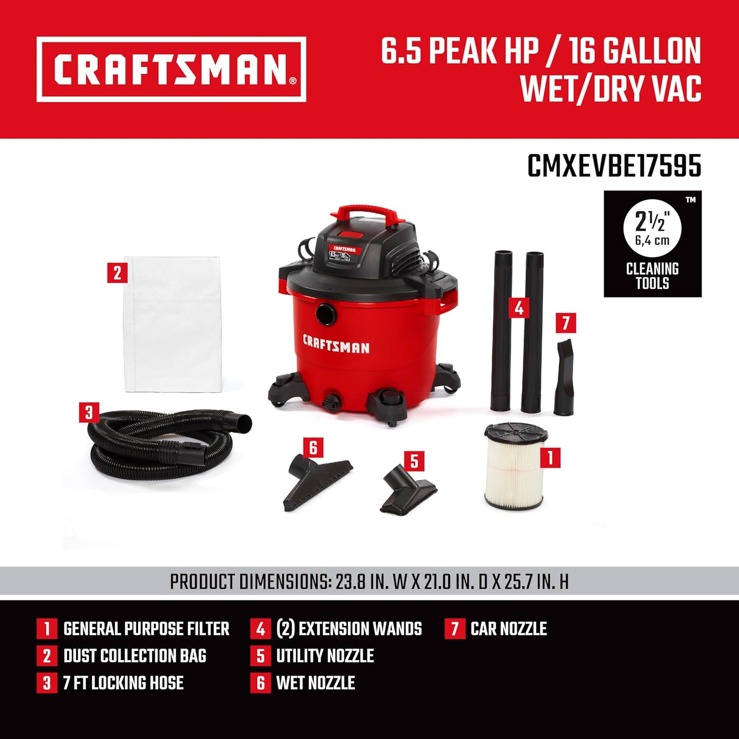 CRAFTSMAN CMXEVBE17595 16 Gallon 6.5 Peak HP Wet Dry Vac, Heavy-Duty Shop Vacuum Wet and Dry with Filter, Dust Bag, Hose and Attachments for Home Projects & Renovations - Image 3
