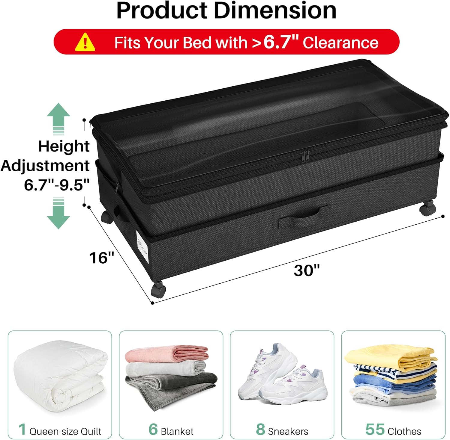 Kitstorack 4 Pack Height-adjustable Under Bed Storage with Wheels, Under Bed Storage Containers,Under Bed Shoe Storage Organizer with Clear Window&Label, Suitable for Clothes Storage, Black - Image 2