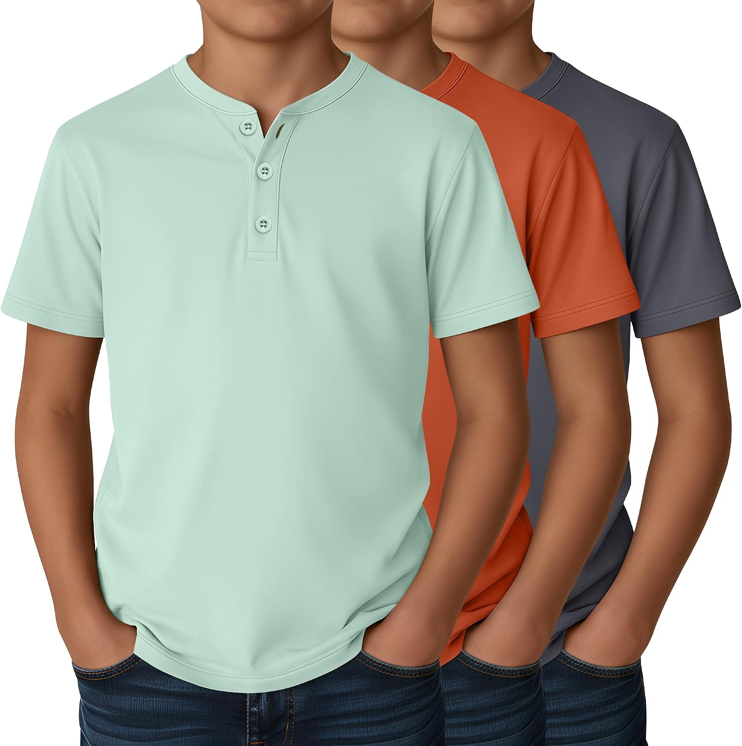 Ficerd 3 Pack Boys T-Shirts Kids Short Sleeve Henley Crew Neck Tops Teen Casual Loose Tees with 3 Buttons 5-16 Years - Image 2