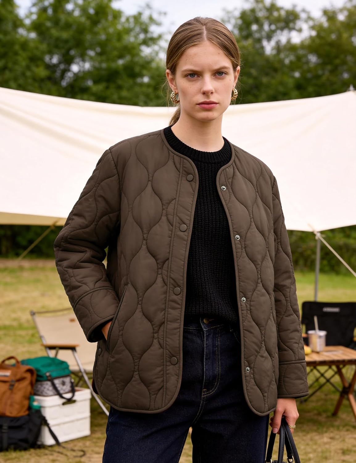 Flygo Women's Oversized Quilted Lightweight Jacket Button Down Puffer Padded Outerwear with Pocket - Image 2