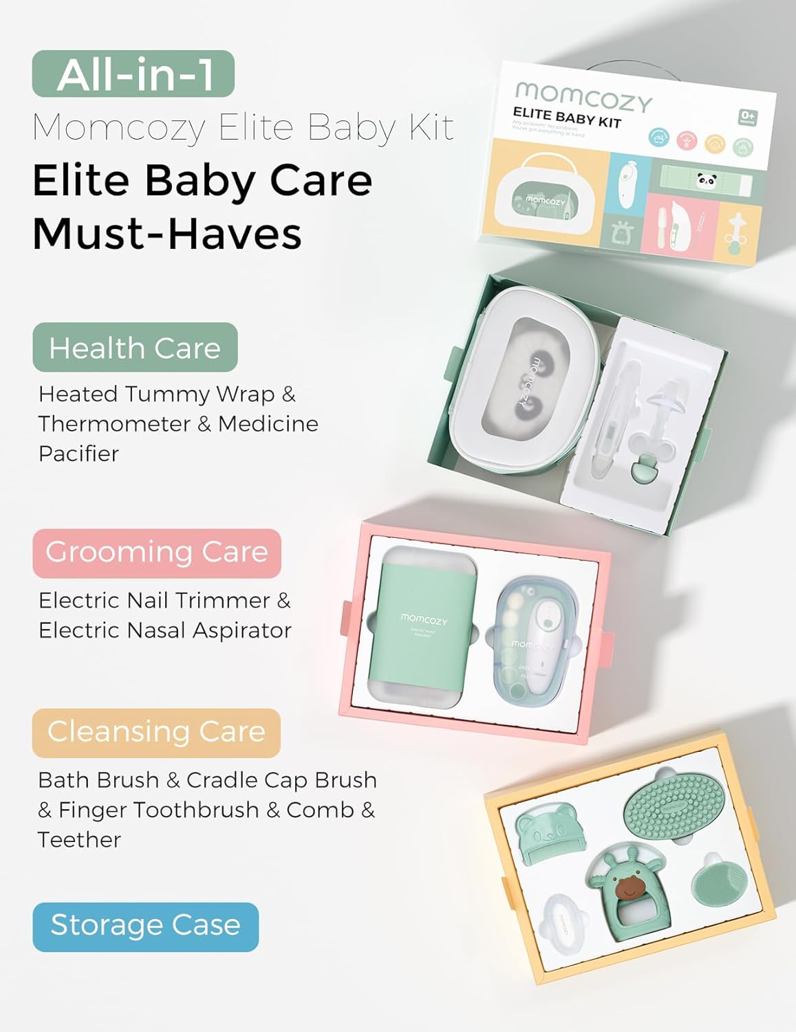 Momcozy Elite Baby Kit, Superior Baby Shower & Registry Essential Kit for Grooming & Health & Cleansing Care, Electric Nail File & Nasal Aspirator,Tummy Wrap,Thermometer,Bath Brush,Teether,Storage Bag - Image 3