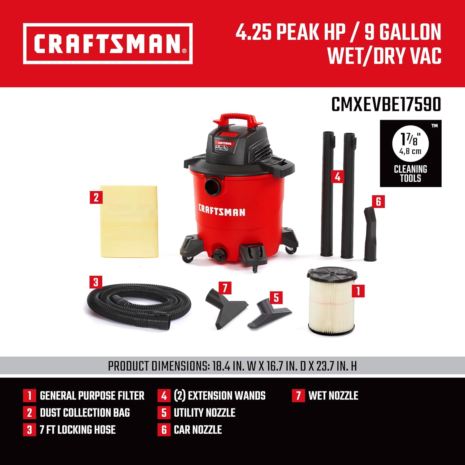 CRAFTSMAN CMXEVBE17590 9 Gallon 4.25 Peak HP Wet Dry Vac, Portable Shop Vacuum Wet and Dry with Filter, Dust Bag, Hose and Attachments for Home, Garage and Automotive Cleaning - Image 3
