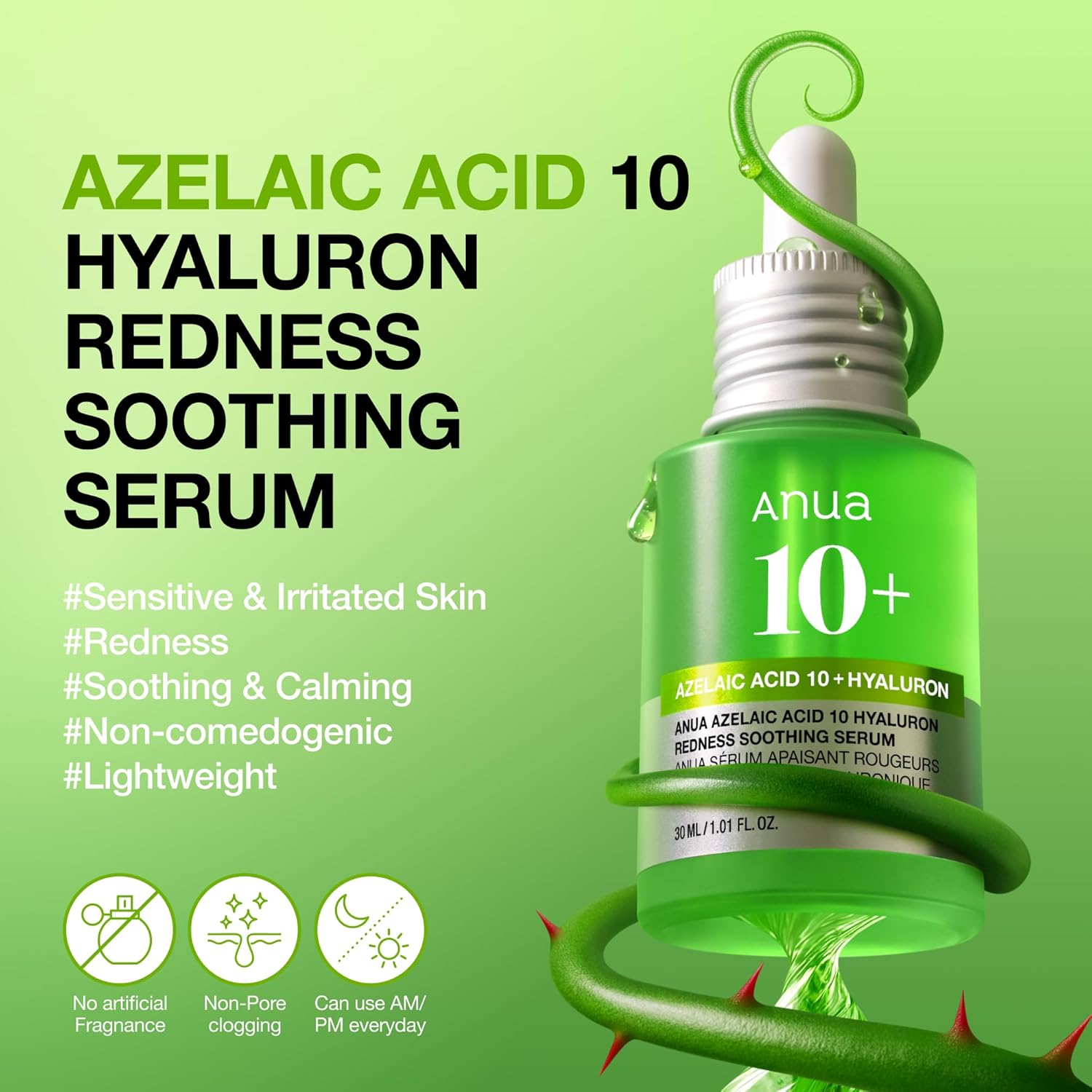 Anua Azelaic Acid 10 Hyaluron Redness Soothing Serum, Facial Serum for Blemish-Prone & Oily-Prone Skin, Lightweight & Hydrating Blemish Care, Hyaluronic Acid, Korean Skincare, 1.01 fl oz. - Image 2