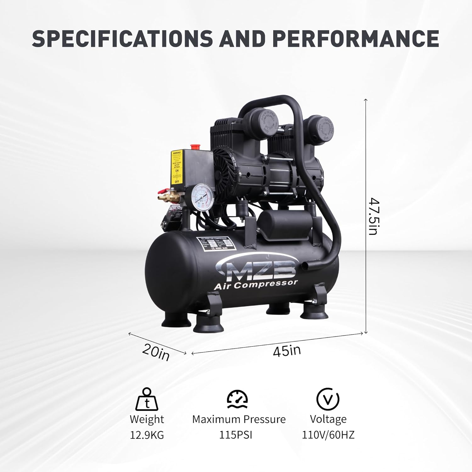 MZB 2.4 Gallon Ultra Quiet Air Compressor 110V/60Hz 1.2HP 5.65CFM, MAX 115PSI Steel Tanks Oil-Free 70dB Noise Level Air Compressor with Wheels for Spray Painting, Auto Repair, Carpentry Decoration - Image 6
