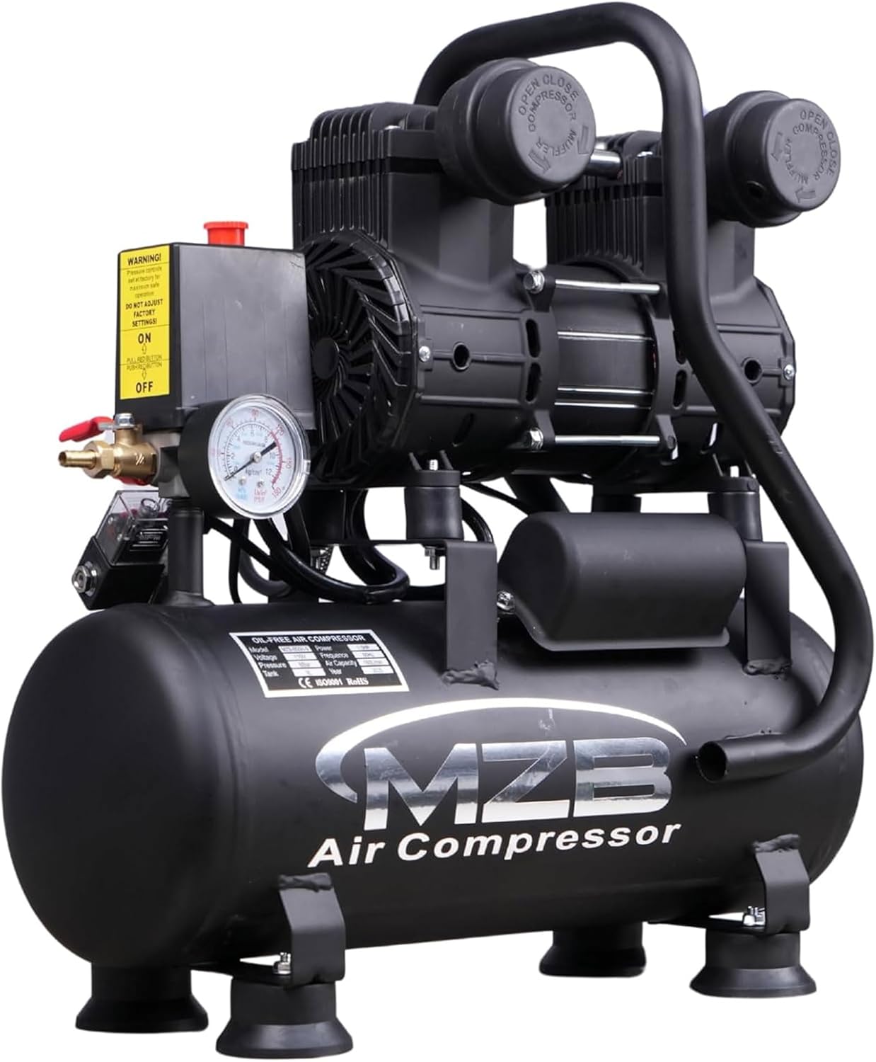 MZB 2.4 Gallon Ultra Quiet Air Compressor 110V/60Hz 1.2HP 5.65CFM, MAX 115PSI Steel Tanks Oil-Free 70dB Noise Level Air Compressor with Wheels for Spray Painting, Auto Repair, Carpentry Decoration MZB 2.4 Gallon Ultra Quiet Air Compressor 110V/60Hz 1.2HP 5.65CFM, MAX 115PSI Steel Tanks Oil-Free 70dB Noise Level Air Compressor with Wheels for Spray Painting, Auto Repair, Carpentry Decoration