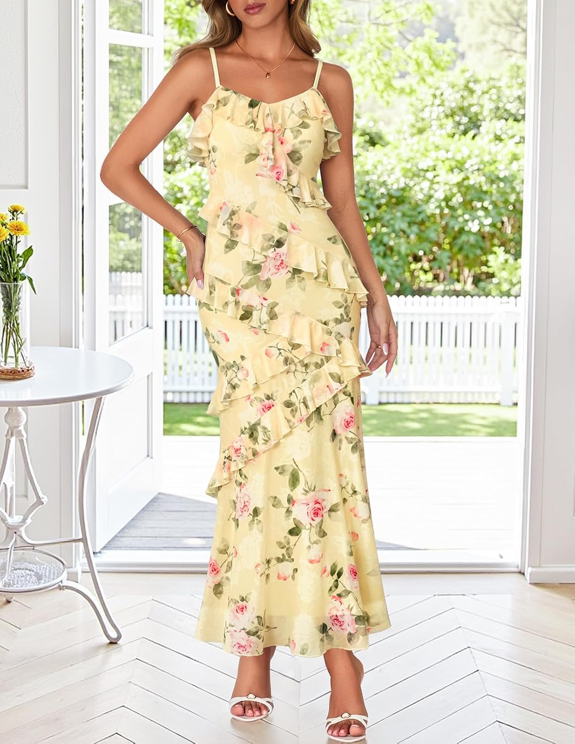 MEROKEETY Summer Floral Wedding Guest Maxi Dress Women 2026 Vacation Formal Bodycon Spaghetti Strap Cocktail Party Long Dress - Image 8