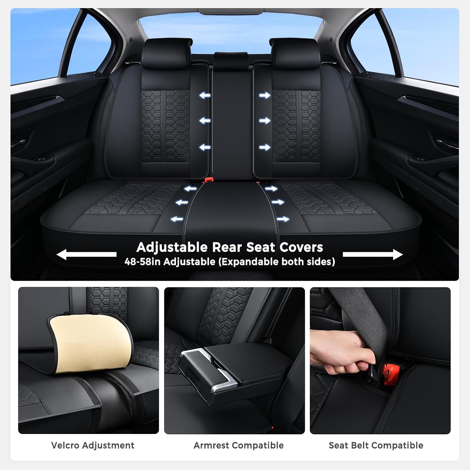 Huidasource Black Leather Seat Covers, Car Seat Cover Front and Back Seats Full Set, 360° Full Wrap Seat Cushion Covers Protector 5 Seats Universal Fit for Most Cars SUV Trucks - Image 4