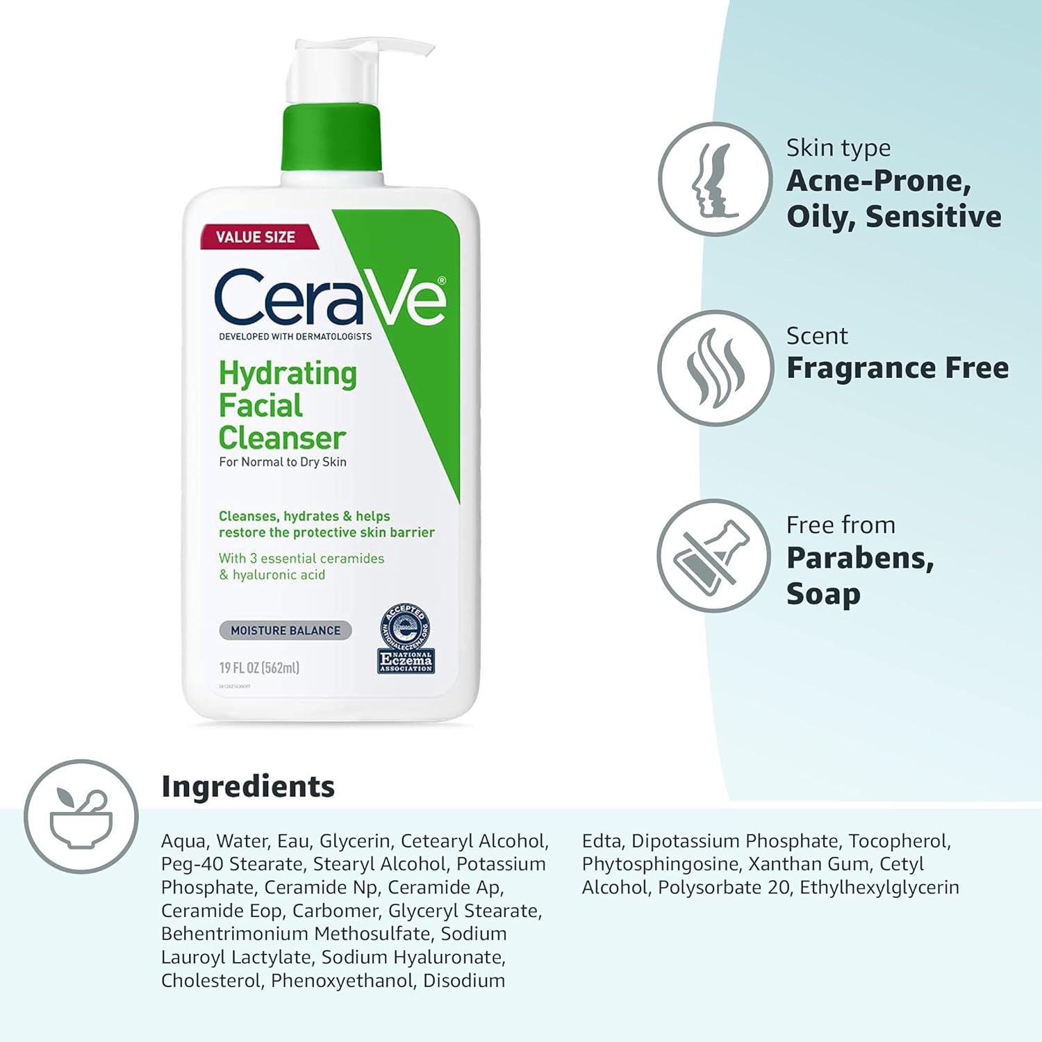 CeraVe Hydrating Facial Cleanser, Moisturizing Face Wash For Dry Skin, Hyaluronic Acid + Ceramides + Glycerin, Hydrating Cleanser For Normal To Dry Skin, National Eczema Association Certified, 19 Oz - Image 10