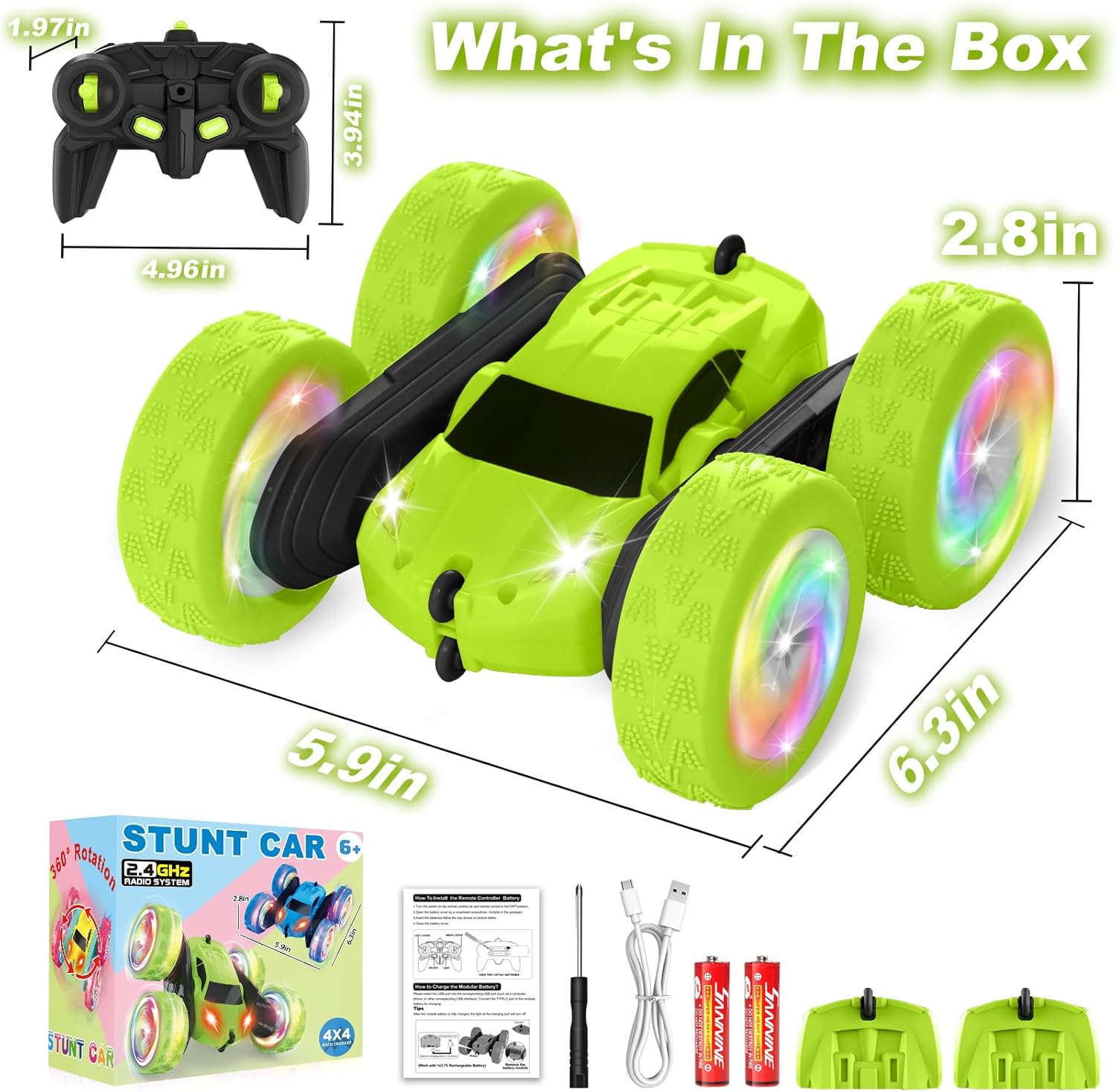 Remote Control Car, Stunt RC Cars, 2.4GHz Double Sided 360° Flips RC Crawler, Outdoor Toys for Kids Ages 4-8, Upgraded USB-C Modular Battery, 5 6 7 8 9 10 +Year Old Boys Birthday Gifts Green - Image 8