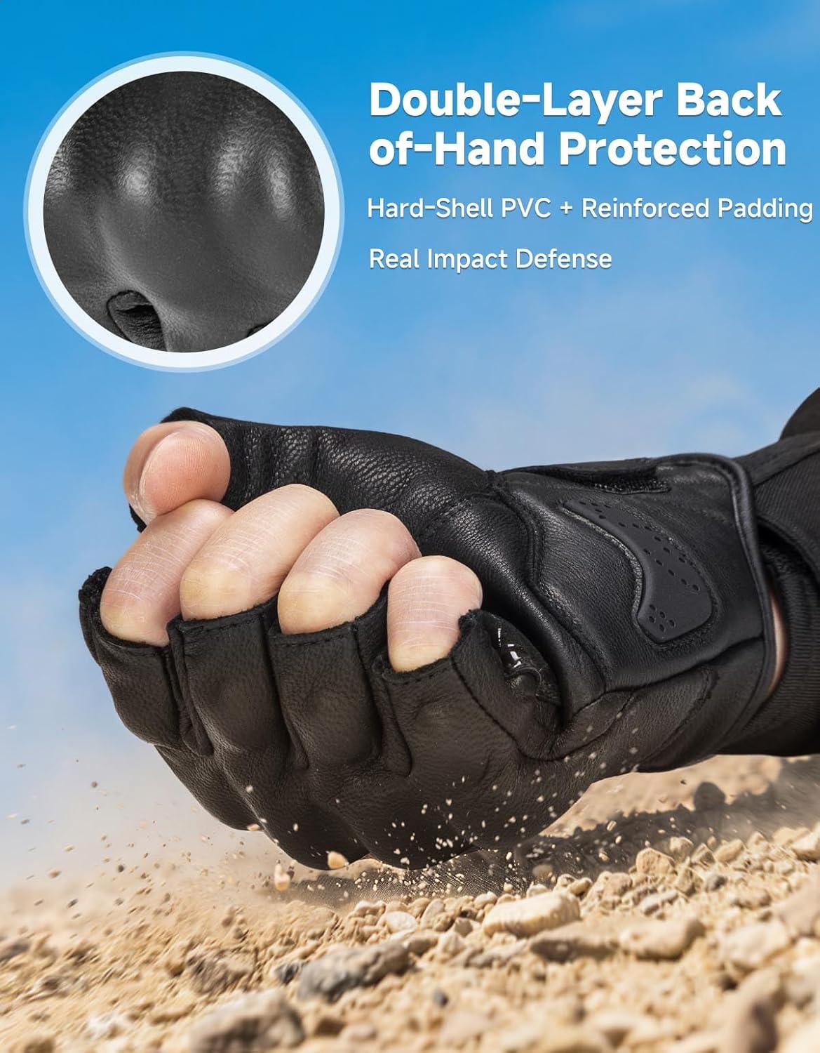 KEMIMOTO Motorcycle Leather Half Finger Gloves for Men Women, Hard Knuckle Protective Riding Gloves with Shock-Absorbing Padded Palm for Motorbike, Cycling, ATV & Outdoor Sports - Image 4
