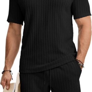 JMIERR Men’s Summer Beach Outfits 2 Piece Jacquard Knit Lounge Short Sleeve Shirts & Shorts Vacation Texture Sets