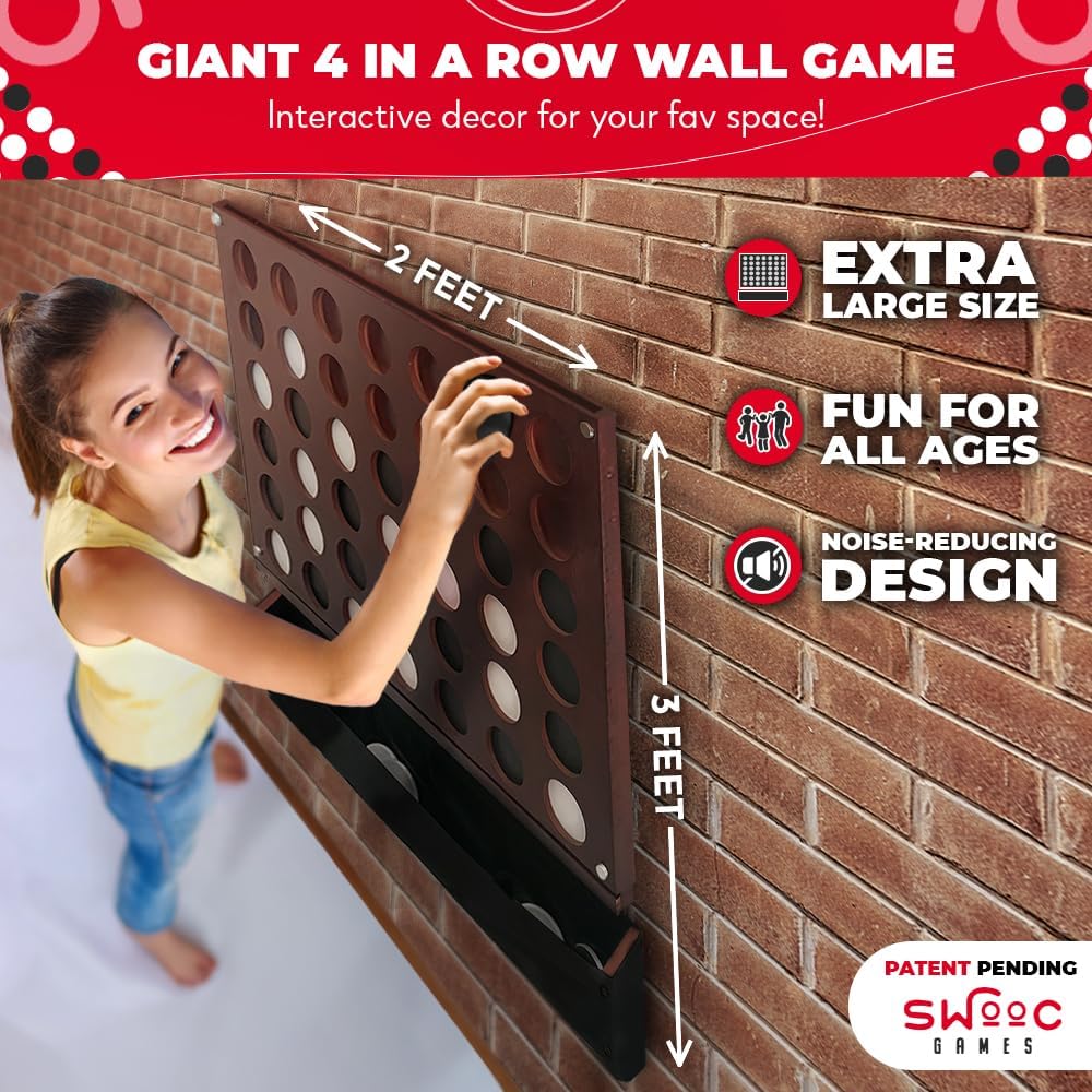 Swooc Games® - Wall Mounted Giant 4 in A Row - 60% Quieter - Jumbo Size Wall Games - Game Room Game, Accessories and Decor - Garage and Basement Decor - Large Connect - Four in a Row for Kids & Adults - Image 2