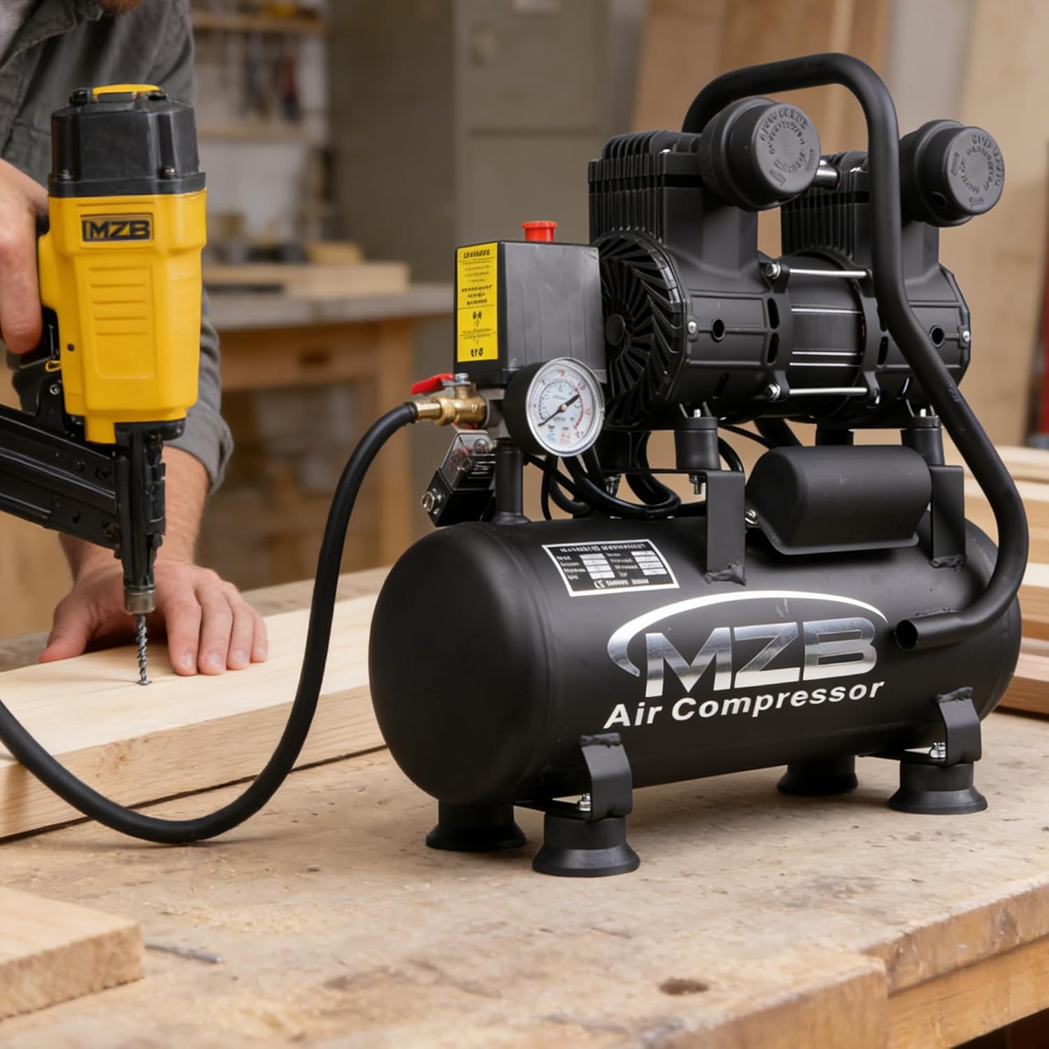 MZB 2.4 Gallon Ultra Quiet Air Compressor 110V/60Hz 1.2HP 5.65CFM, MAX 115PSI Steel Tanks Oil-Free 70dB Noise Level Air Compressor with Wheels for Spray Painting, Auto Repair, Carpentry Decoration - Image 8