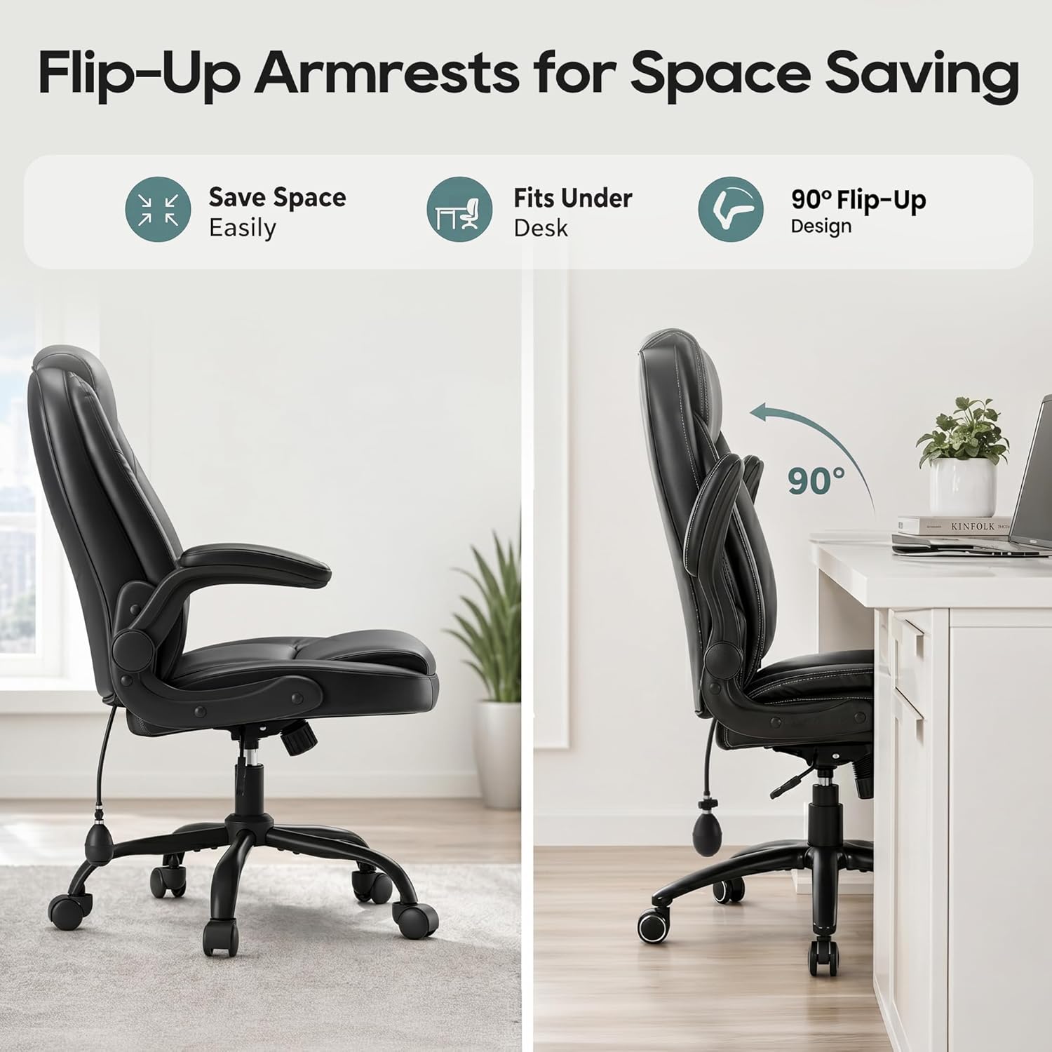MALOL Leather Office Chair, Computer Desk Chair with Adjustable Lumbar Support, Thick Cushion, Flip-Up Arms and Ergonomic Back, Comfy Executive Office Chair for Home Office Gaming,Black - Image 6