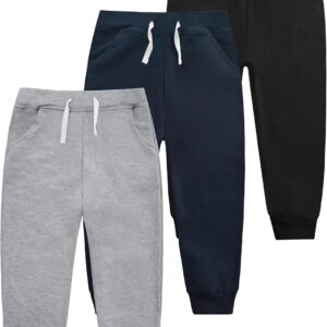 VOGRYE Boys’ Sweatpants 3-Pack – Soft Cotton Jogger Pants with Pockets, Elastic Waist Drawstring for Kids School Sports