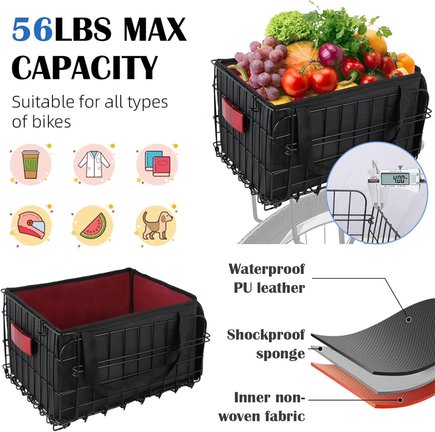 Bike Basket Rear, Folding Bicycle Basket with Removable Waterproof Liner Bag, Rear Bike Cargo Rack, Bike Accessories Frame Basket for Adult Women Men Carrying Dogs,Pet,Grocery,Quick Release Design - Image 2