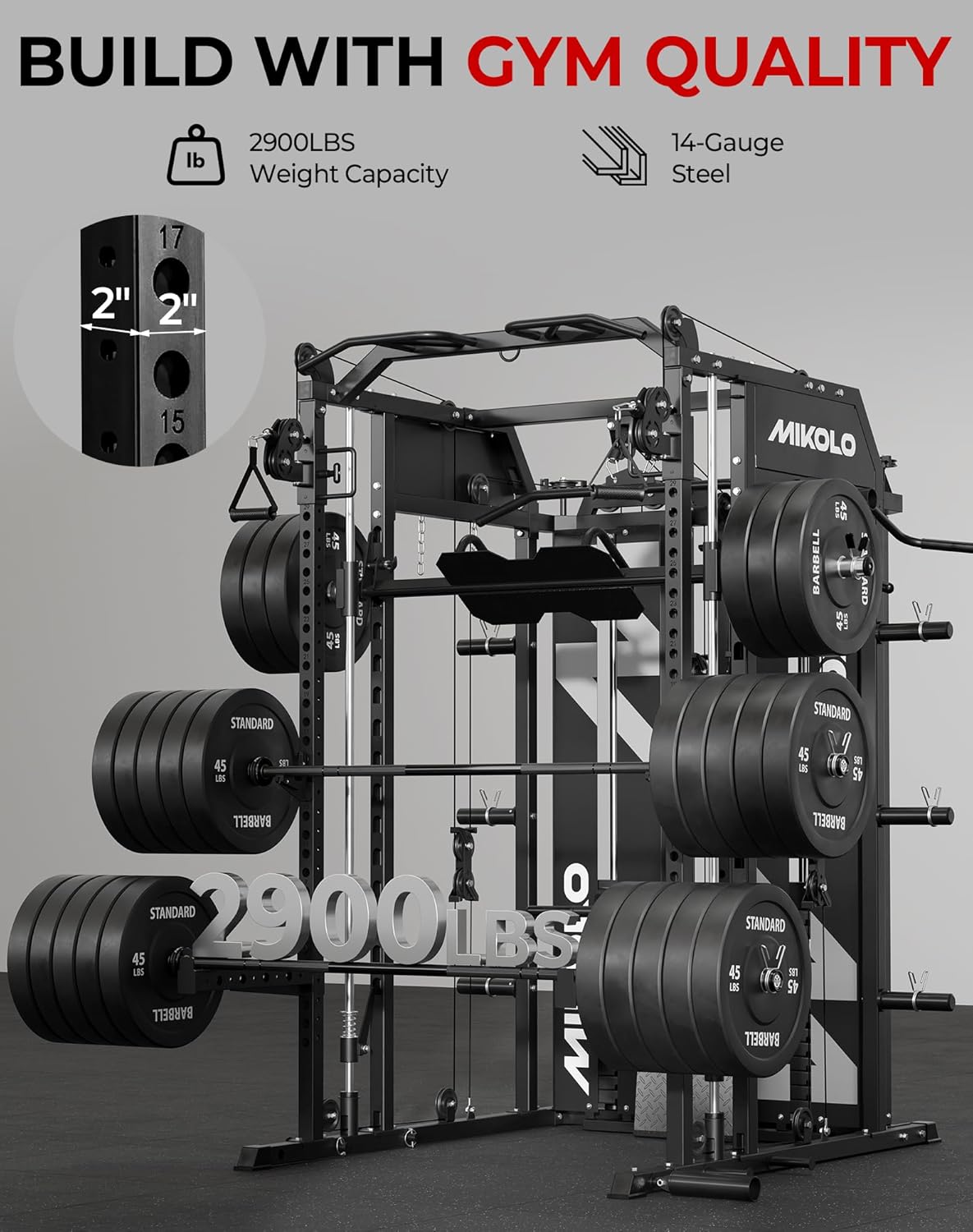 Mikolo Smith Machine with Weight Stack, Power Cage Home Gym System with LAT Pulldown & Cable Crossover, Multi-Functional Trainer with Dual Pulley System, Includes 10+ Free Attachments - Image 7