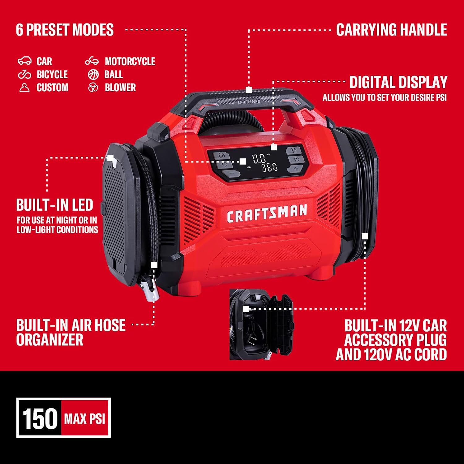 CRAFTSMAN Dual Power Tire Inflator Portable Air Compressor, 12V DC Car Plug & 120V AC Home Use, Up to 150 PSI with Digital Gauge & Auto Shut-Off, LED Light, Air Pump for Cars, Bikes & Inflatables - Image 7