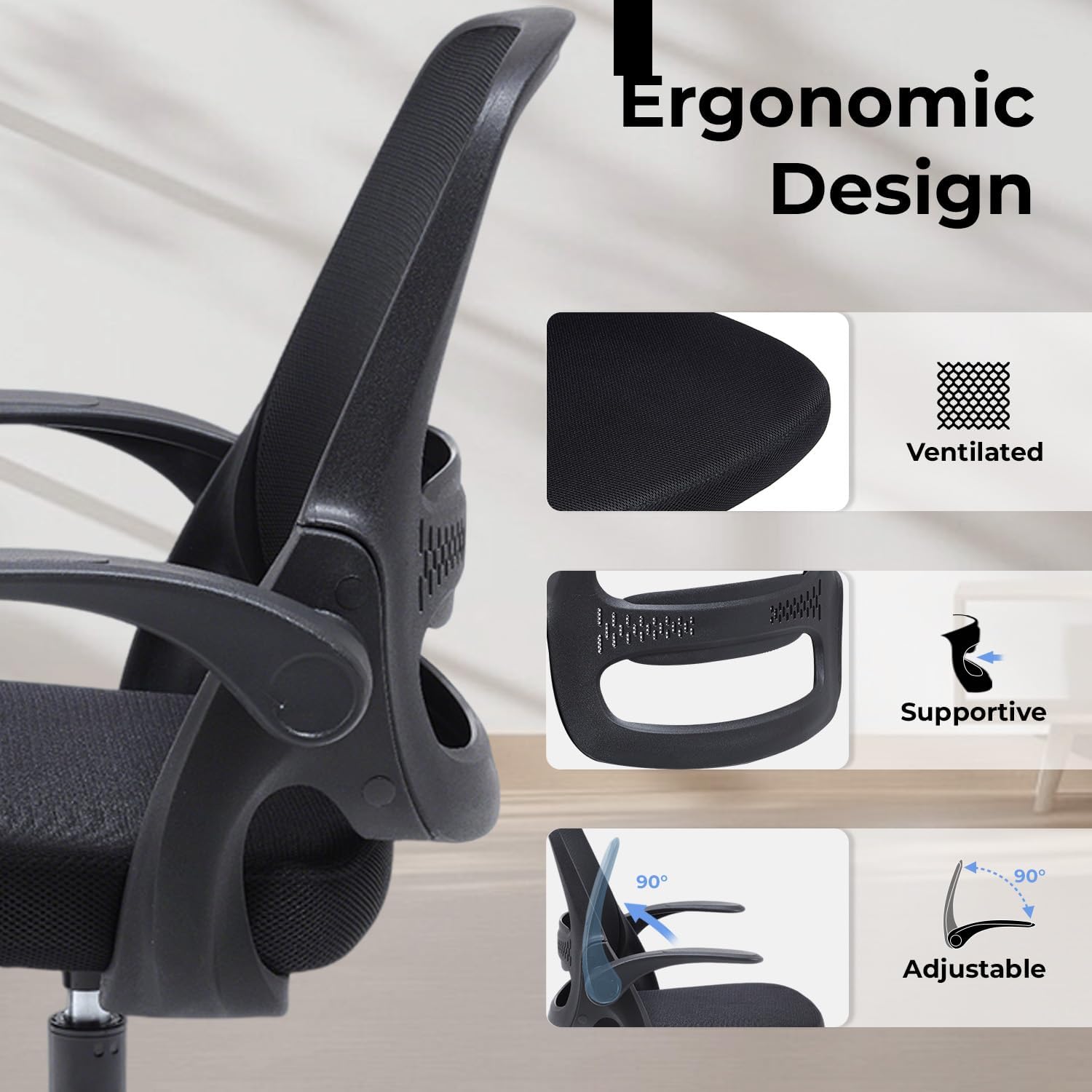 Ergonomic Mesh Office Chair for Home Office, Flip-Up Arms, Breathable Mesh Back & Thick Seat Cushion, Swivel Rolling Computer Desk Chair, BIFMA Certified, Supports 300 lbs (Black Frame/Black Seat) - Image 6