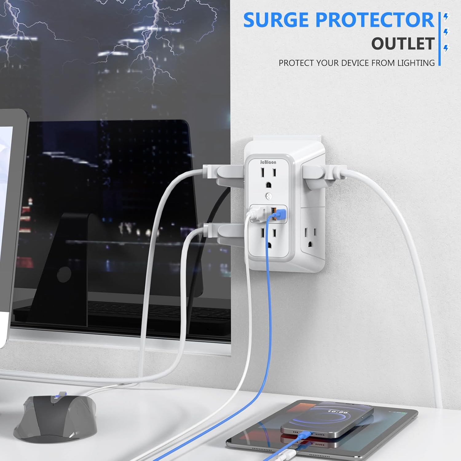 JcBlaon Outlet Extender Surge Protector - 6 Outlet Splitter with 4 USB Ports (2 USB C), Multiple Plug Expander Wall Charger, 3 Sided Multi Plug Wall Adapter Power Strip for Home Office Kitchen Travel - Image 5