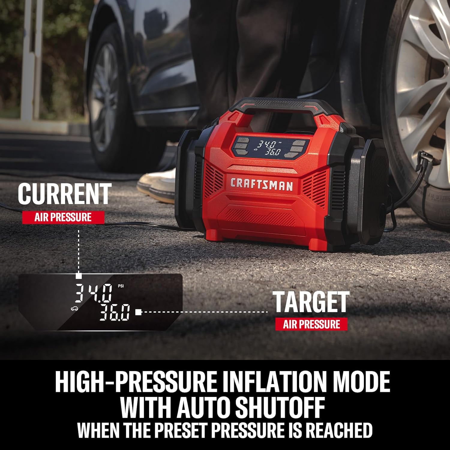 CRAFTSMAN Dual Power Tire Inflator Portable Air Compressor, 12V DC Car Plug & 120V AC Home Use, Up to 150 PSI with Digital Gauge & Auto Shut-Off, LED Light, Air Pump for Cars, Bikes & Inflatables - Image 4