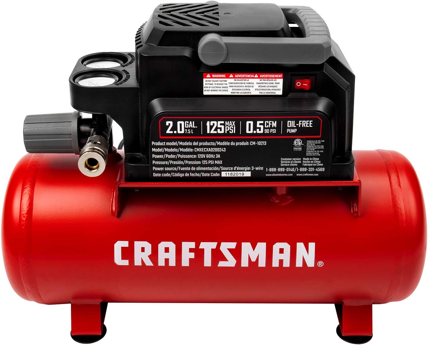 Craftsman Air Tools, 2 Gallon Portable Air Compressor 1/3 HP Oil-Free Max 125 PSI Pressure, Hot Dog, Model: CMXECXA0200243 - Image 7