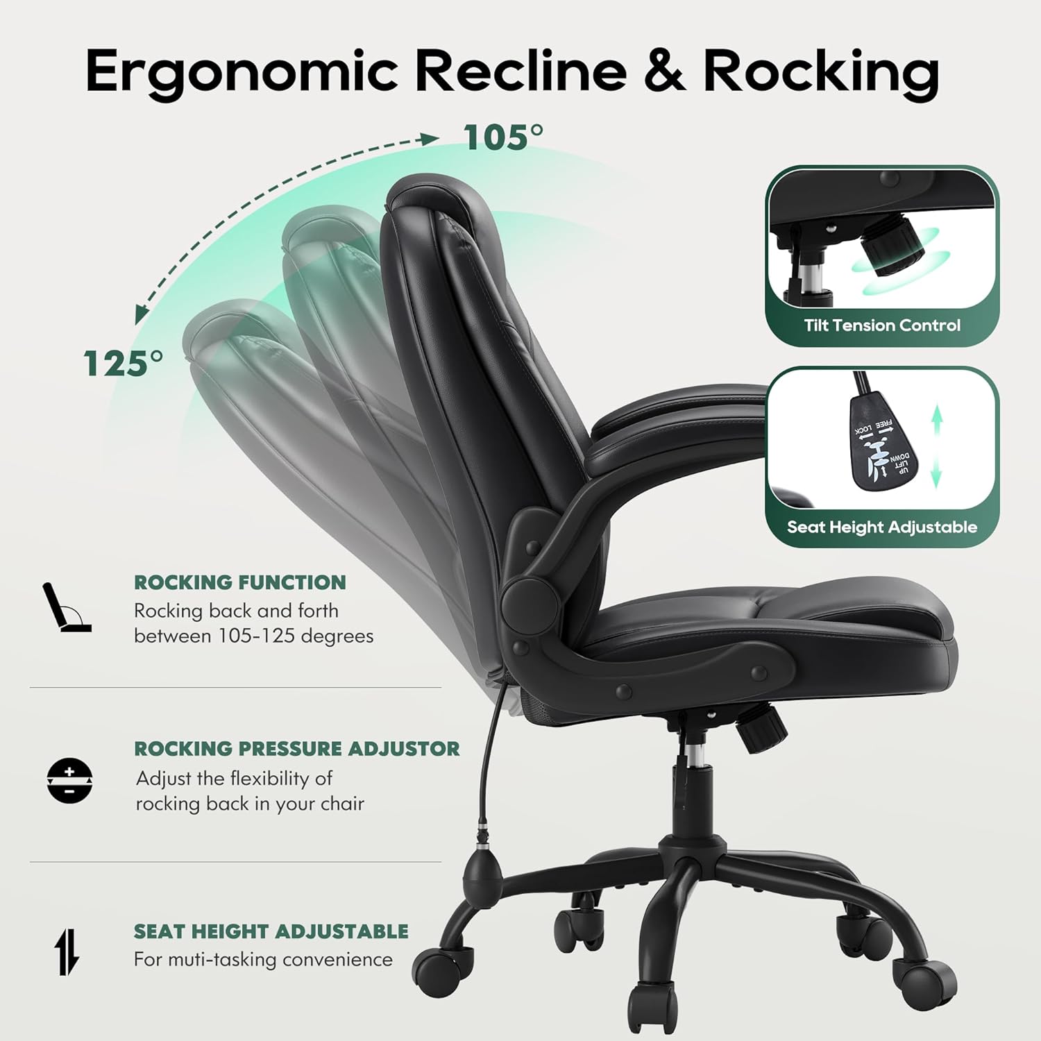 MALOL Leather Office Chair, Computer Desk Chair with Adjustable Lumbar Support, Thick Cushion, Flip-Up Arms and Ergonomic Back, Comfy Executive Office Chair for Home Office Gaming,Black - Image 5