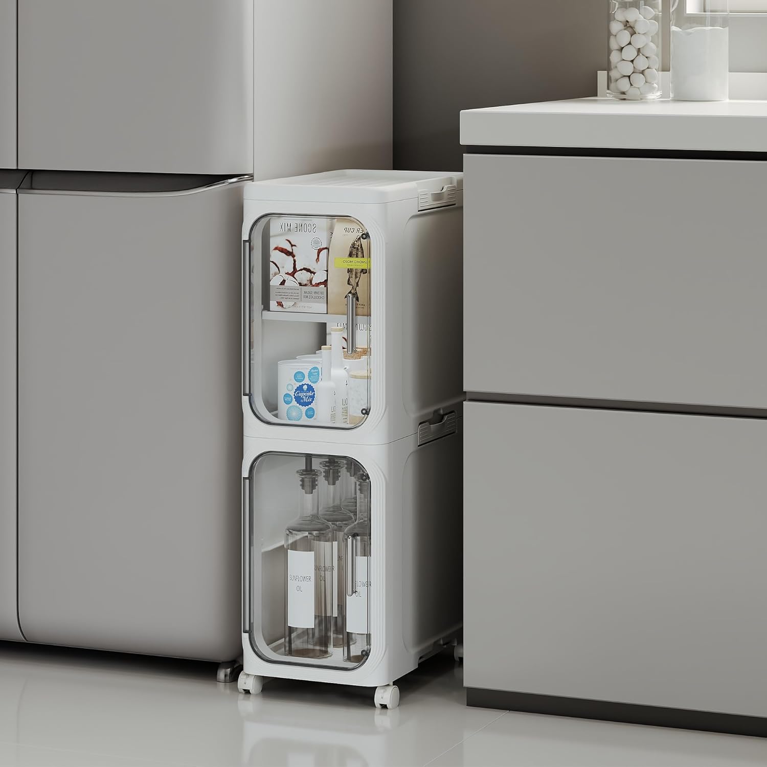 2-Tier Narrow Storage Cabinet, Slim Bathroom Storage Cabinet with Adjustable Shelves and Wheels, Narrow Organizer for Small Space, Bathroom, Kitchen, Laundry, White