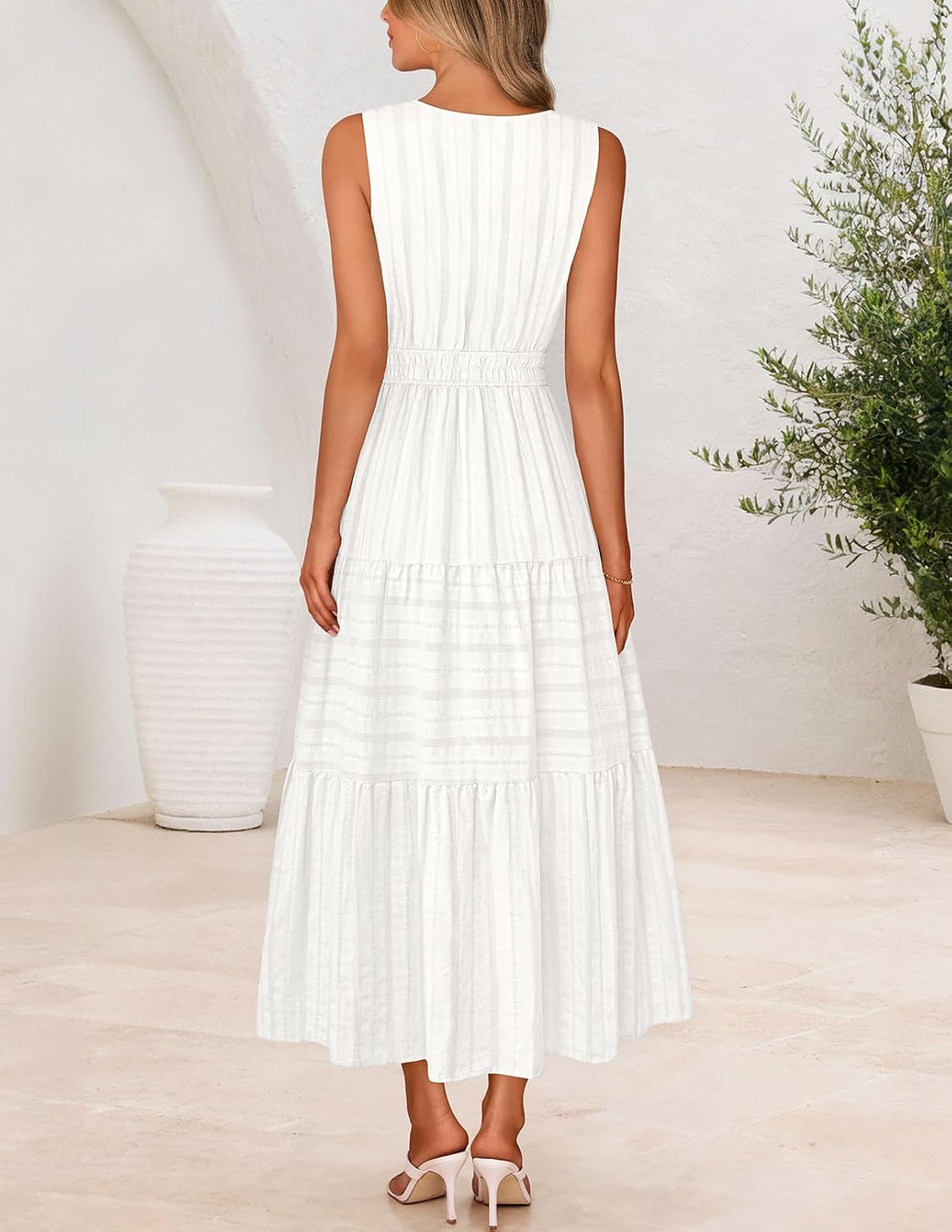 MEROKEETY Womens Summer Casual Midi Maxi Dress 2026 Beach Vacation Sleeveless Boho V Neck Cotton Modest Long Dresses Pockets - Image 3