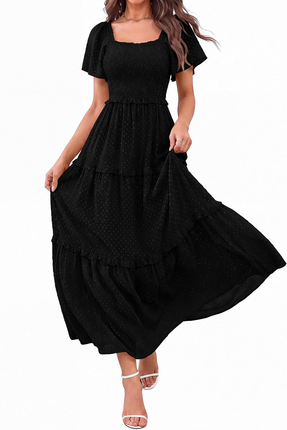 PRETTYGARDEN Summer Dresses for Women 2026 Boho Maxi Smocked Spring Wedding Guest Square Neck Short Sleeve Swiss Dot Dress - Image 5