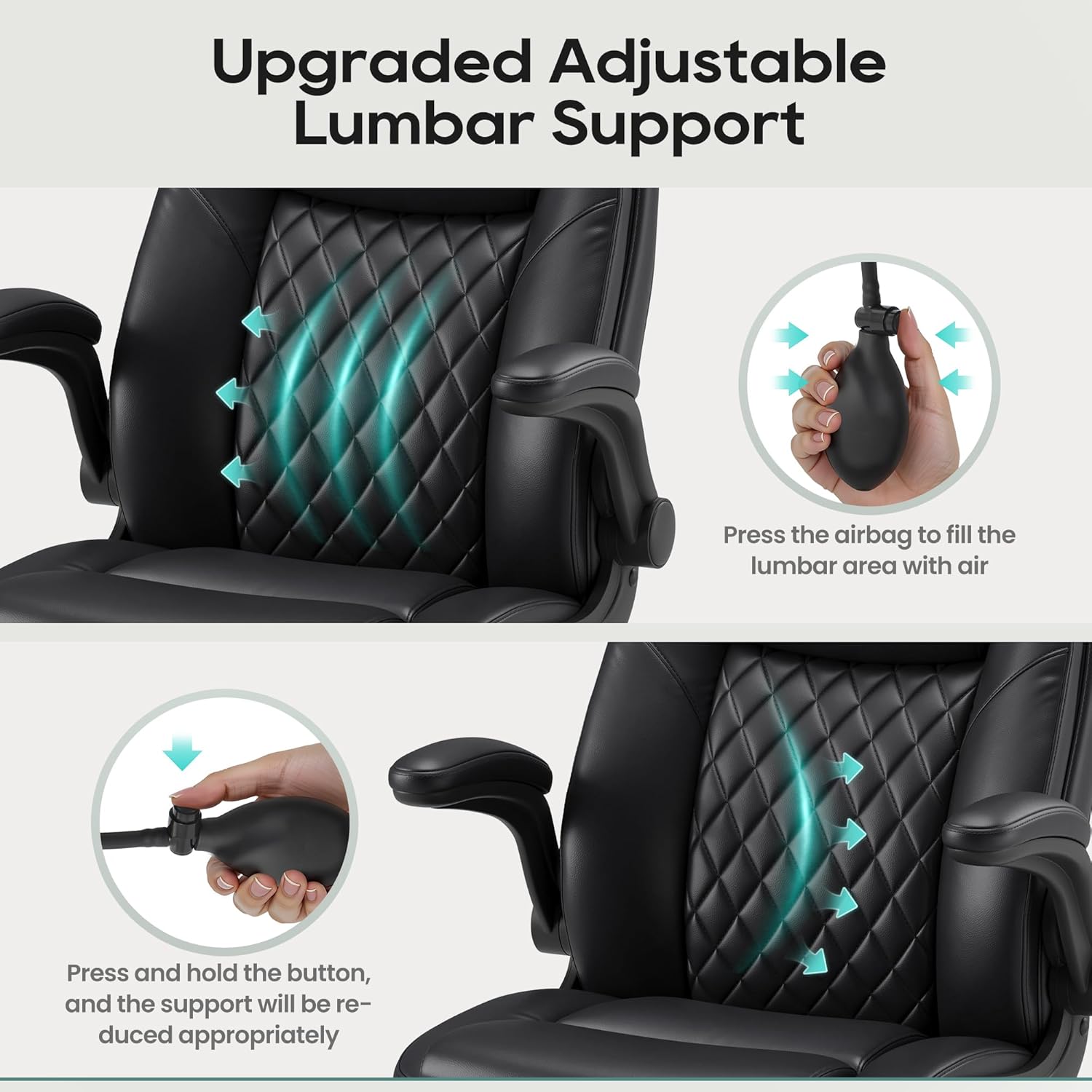 MALOL Leather Office Chair, Computer Desk Chair with Adjustable Lumbar Support, Thick Cushion, Flip-Up Arms and Ergonomic Back, Comfy Executive Office Chair for Home Office Gaming,Black - Image 3