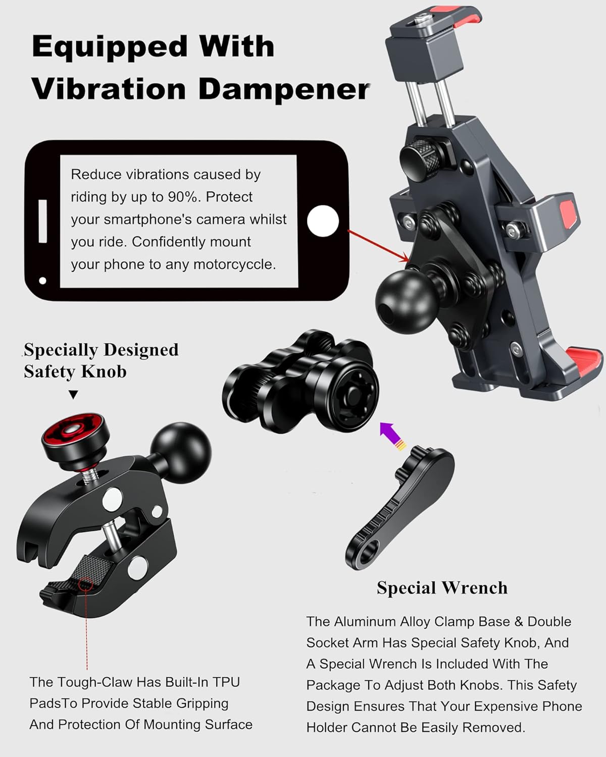 BRCOVAN Metal Anti-Theft Motorcycle Phone Mount with Vibration Dampener & High-Speed Secure Lock, Adjustable Aluminum Alloy Motorcycle Cellphone Holder for Bike Scooter ATV UTV Fit 4.7''-7.2'' Phones - Image 5