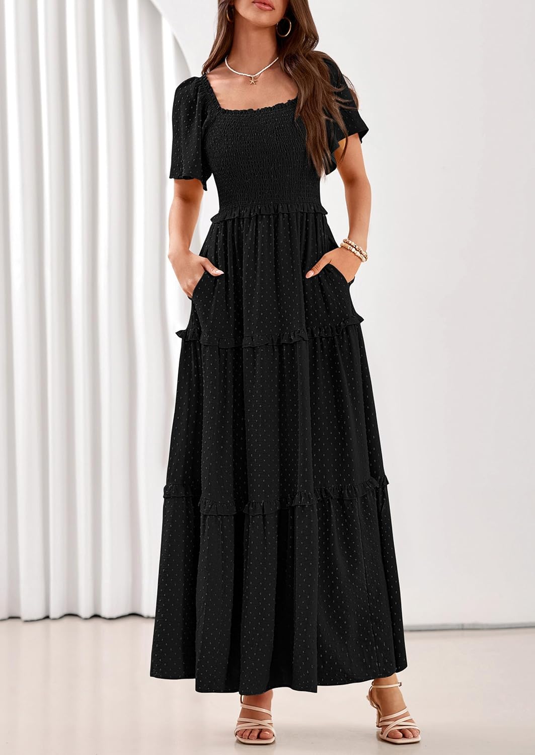 PRETTYGARDEN Summer Dresses for Women 2026 Boho Maxi Smocked Spring Wedding Guest Square Neck Short Sleeve Swiss Dot Dress - Image 8