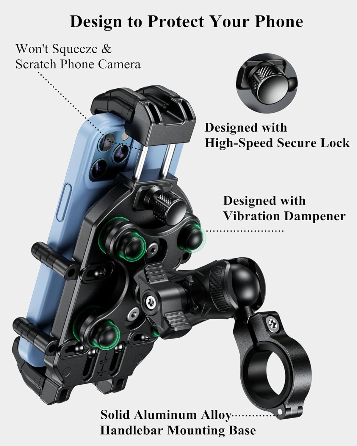 BRCOVAN Anti-Theft Motorcycle Phone Mount Holder with Vibration Dampener & High-Speed Secure Lock, Adjustable Size Handlebar Cellphone Cradle for Bike Bicycle Scooter ATV, Fit 5.4-7.2'' Smartphone - Image 5