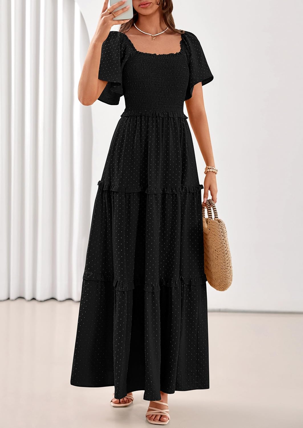 PRETTYGARDEN Summer Dresses for Women 2026 Boho Maxi Smocked Spring Wedding Guest Square Neck Short Sleeve Swiss Dot Dress - Image 3