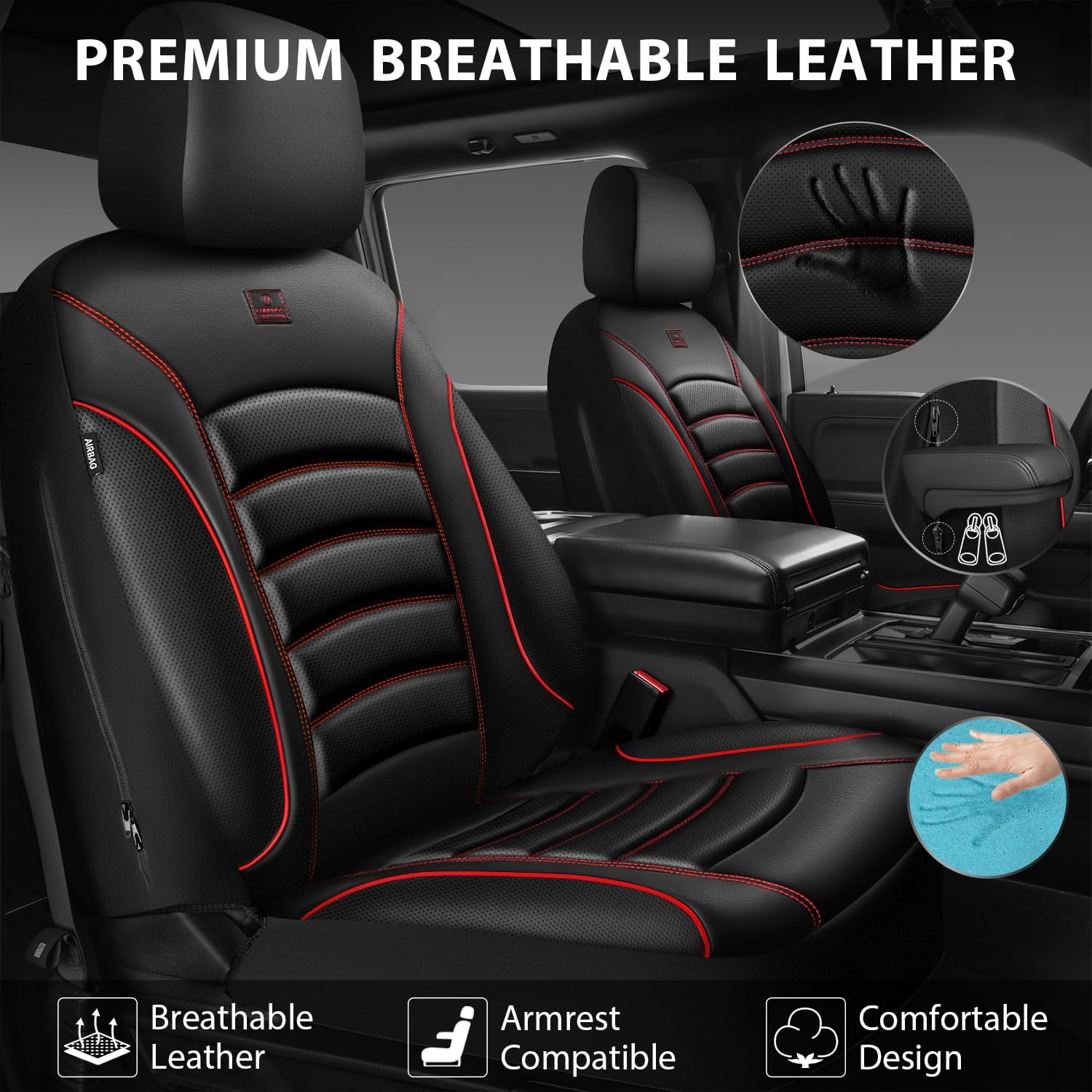 CAR PASS 3D Foam PU Leather Car Seat Covers, Universal Seat Covers Full Sets for Trucks SUV Sedan Automotive Seat Covers Armrest Airbag Compatible Waterproof Comfortable Faux Nappa Leather Black Red - Image 4