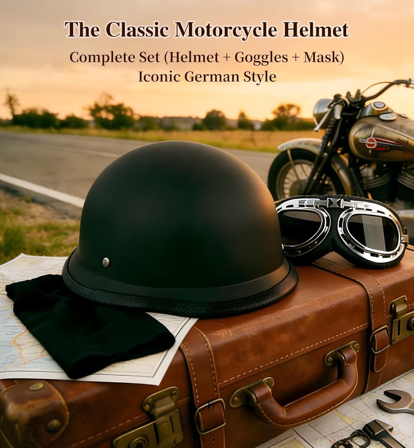 German Style Motorcycle Helmet DOT Approved with Goggles & Mask - Retro Half Helmet with Quick Release Buckle for Motorcycle Motorbike Cruiser, Scooter, Chopper (Adult Men & Women) - Image 3
