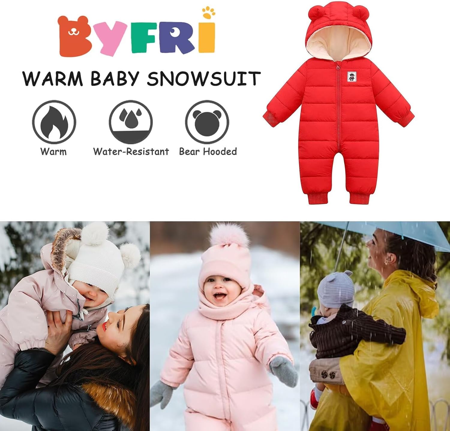 BYFRI Baby Boys Girls Snowsuit Newborn Cozy Winter Coat Infant Bear Hooded Jumpsuit Toddler Snow Outfit for 0-24 Months - Image 2