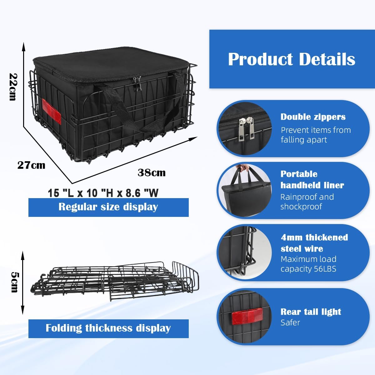 Bike Basket Rear, Folding Bicycle Basket with Removable Waterproof Liner Bag, Rear Bike Cargo Rack, Bike Accessories Frame Basket for Adult Women Men Carrying Dogs,Pet,Grocery,Quick Release Design - Image 4