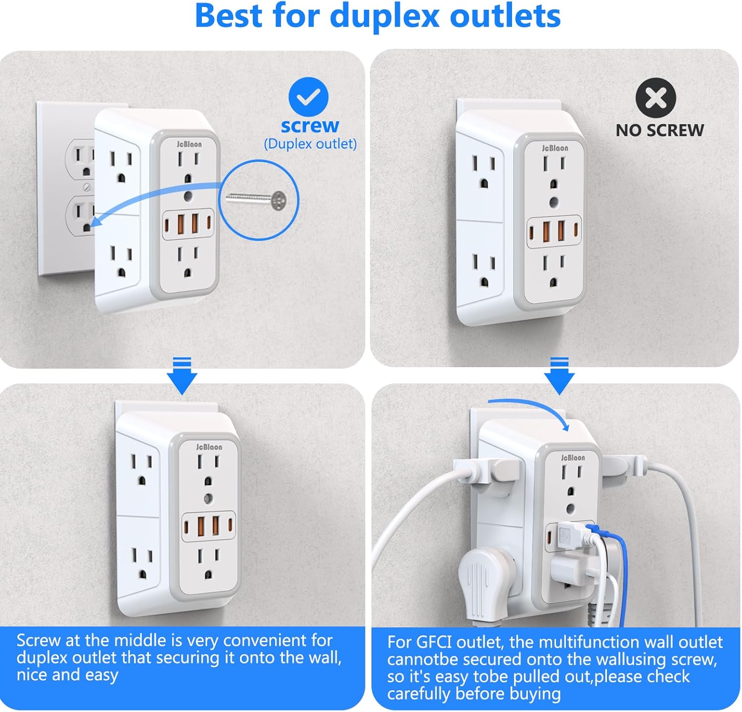JcBlaon Outlet Extender Surge Protector - 6 Outlet Splitter with 4 USB Ports (2 USB C), Multiple Plug Expander Wall Charger, 3 Sided Multi Plug Wall Adapter Power Strip for Home Office Kitchen Travel - Image 4