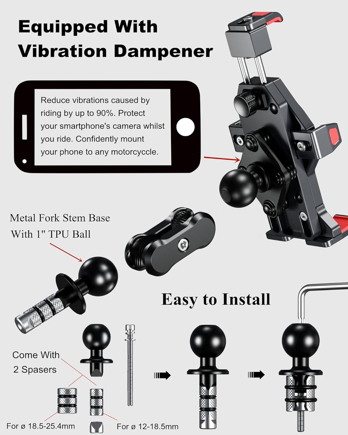 BRCOVAN Metal Anti-Theft Motorcycle Fork Stem Phone Mount Holder with Vibration Dampener & Secure Lock, Aluminum Alloy, Adjustable Size, Big Phone Friendly, Fit 4.7'' - 7.2'' Cellphone - Image 5