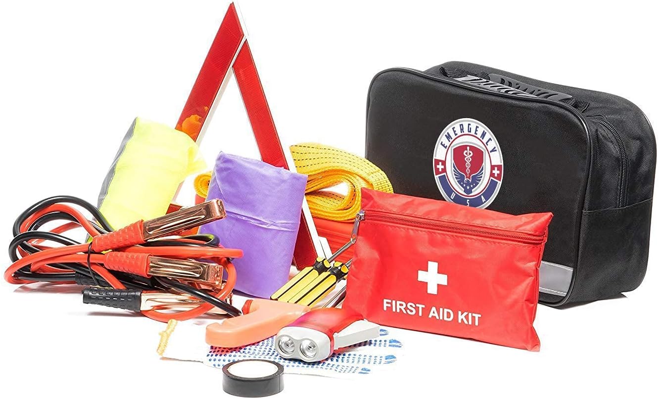 Roadside Car Emergency Kit - First Aid Set, Jumper Cables, Tow Strap, LED Flash Light, Rain Coat, Tire Pressure Gauge, Safety Vest and More (Black) - Image 5
