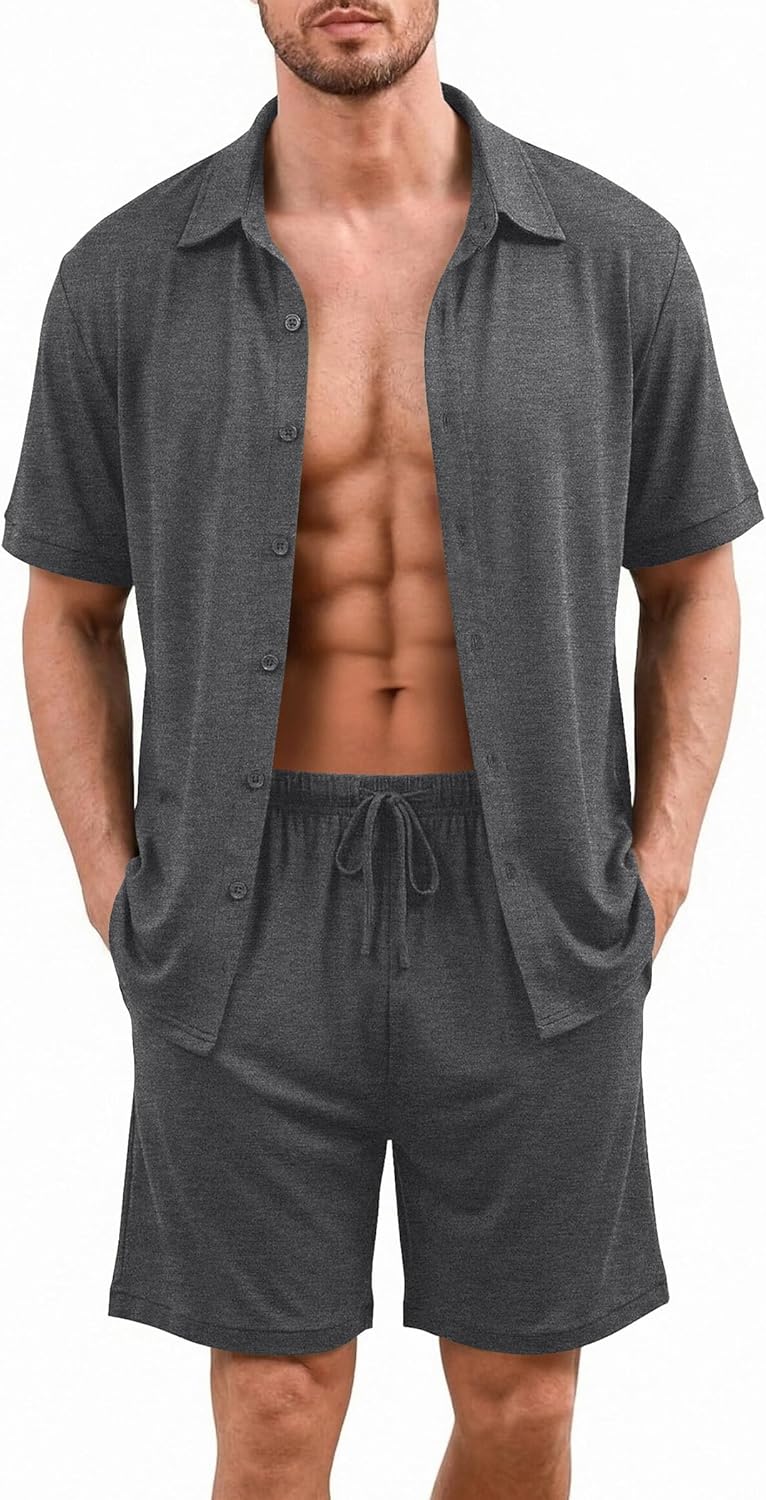 Ekouaer Men's Hawaiian Shirt and Shorts Sets 2 Piece Beach Outfits Button Down Summer Pajamas Set Vacation Lounge Sets XS-XXL